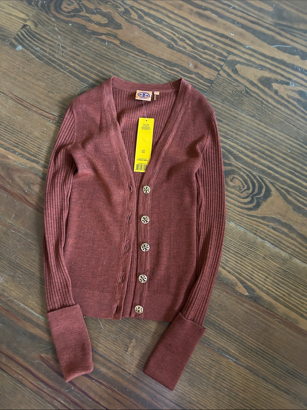 Tory Burch shrunken Simone Ribbed Cardigan Arabian spice (rust orange) NWT XXS